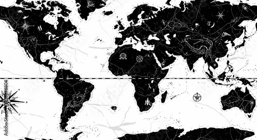 Black and white world map illustration with compass rose and design elements