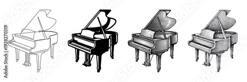 Set of four grand piano illustrations in various artistic styles including line art, silhouette, engraving, and stippling, showcasing different graphic techniques