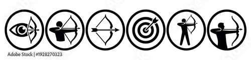Set of six black archery icons in circles depicting an archer, bow, arrow, target, and eye for concepts like goal, aim, and precision in a minimalist graphic style