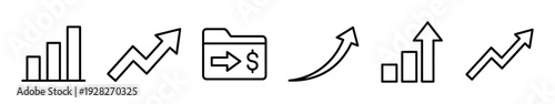 Six black outline business growth icons showing financial success with bar charts, upward pointing arrows, and a money folder symbol in a minimalist linear style