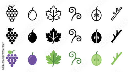 Set of grape and viticulture icons showing a bunch, berry, leaf, tendril, and branch in three different styles: outline, solid glyph, and full color flat design