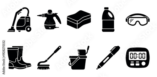 Black silhouette icons for professional cleaning services including a vacuum, steam cleaner, mop bucket, rubber boots, and a digital timer in a minimalist vector graphic set