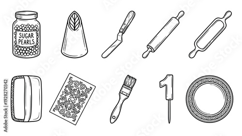 Baking and cake decorating tools collection including a rolling pin, spatula, and piping tip in a hand-drawn black and white line art illustration for confectionery design