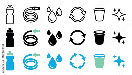 Set of water, cleaning, and sustainability icons featuring a reusable bottle, garden hose, water drops, and a recycle symbol in outline, solid, and color variations