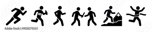 Set of black running and marathon icons showing various race stages from sprinting and trail running to passing the baton in a relay and crossing the finish line victoriously