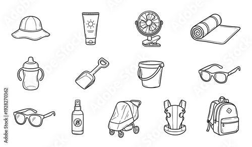 Set of black and white line art icons showing baby and summer travel essentials like a stroller, sunscreen, hat, and backpack in a simple hand-drawn doodle style