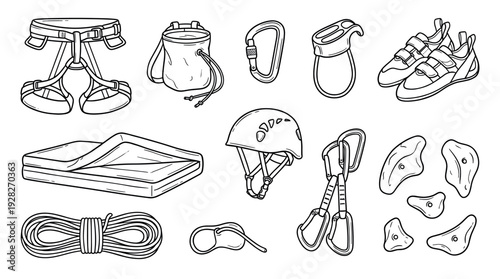Collection of rock climbing and bouldering equipment including a harness, rope, shoes, and helmet in a hand-drawn black and white line art style vector illustration