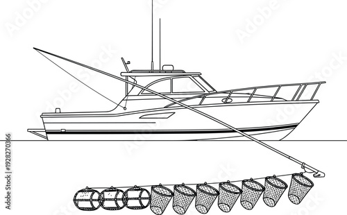 Black and white vector line art of a commercial fishing boat vessel using a longline of underwater traps and nets for harvesting