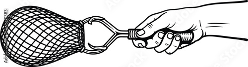 Black and white vector line art illustration of a hand holding a specialized landing net or gaff tool for fishing and harvesting