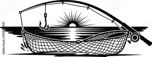 Black and white vector illustration of a fishing net and rod with a sharp hook against a sunrise over the ocean