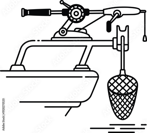 Black and white vector line art of professional fishing equipment including rods backpack tackle boxes net and electronic fish finder sonar tools (22 words)