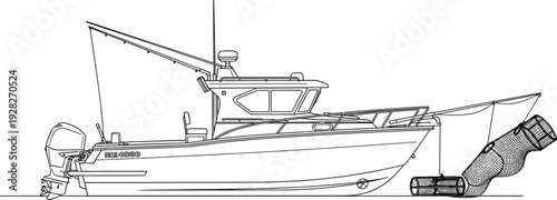 Black and white vector line art of a modern commercial fishing boat with outboard motor cabin and specialized net harvesting gear