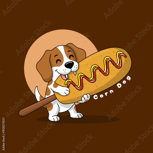 A cute cartoon puppy is hugging and eating a giant corn dog smothered in mustard and tomato sauce. National Corn Dog Day, March 15th