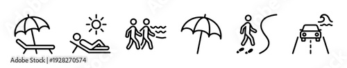 Collection of six black line art icons depicting summer vacation activities such as relaxing on a beach chair, sunbathing, walking by the sea, and driving along the coast