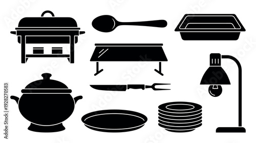 Catering equipment and buffet service icon set with a chafing dish, plates, utensils, and heat lamp presented as a collection of black silhouette glyphs for design