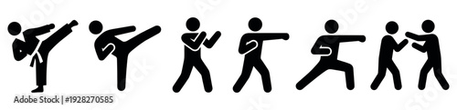 Set of black martial arts pictograms showing various fighting poses, including high kicks, punches, and sparring stances in a minimalist icon style for combat sports concepts
