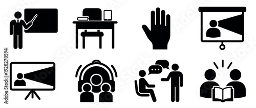 Black glyph icon set for education and training, featuring a teacher at a blackboard, classroom desk, presentation screen, online learning, and student discussion pictograms