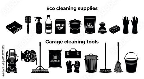 Two sets of black cleaning supply icons for eco-friendly home use and heavy-duty garage maintenance, featuring various tools like mops, brushes, and a pressure washer