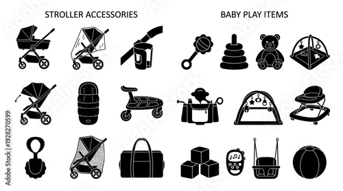 Large collection of black silhouette icons representing various stroller accessories and baby play items for newborns, including a pram, walker, teether, and teddy bear
