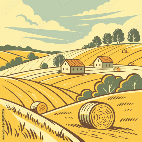 Golden fields of harvested crops under a blue sky with soft clouds, featuring rural houses and hay bales in a stylized illustration.