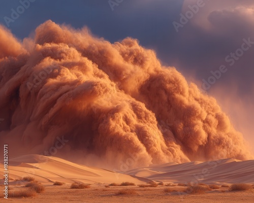 광활한 사막의 황금빛 모래 언덕 위로 거대한 모래폭풍이 파도처럼 밀려오는 웅장하고 위협적인 자연 현상의 모습이며, 오렌지색 먼지 구름이 하늘을 뒤덮어 압도적인 분위기를 자아내는 드라마틱한 풍경입니다.