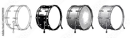 Four bass drum musical instrument illustrations in a row showing different graphic styles including line art, silhouette, engraving, and stippling for a design element