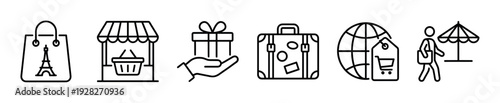 Set of black outline icons representing shopping, travel, and tourism concepts like a souvenir bag, market stall, gift, luggage, global commerce, and a vacationer