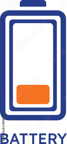 Minimalist blue vertical battery icon featuring a low orange charge level indicator representing power storage energy capacity electronic device status and portable lithium battery technology design