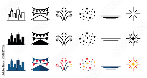 Collection of celebration and event icons showing a cityscape, fireworks, bunting, and stars, presented in three distinct styles: line art, solid silhouette, and flat color
