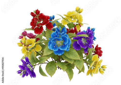 A vibrant bouquet of artificial flowers in various colors on a white background.