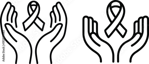 Hands Lifting Awareness Ribbon Line Art, Minimalist Healthcare & Charity Concept, Perfect for Campaigns, Posters, Social Media, Print