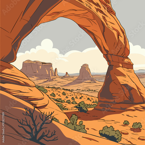 Vibrant illustration of a desert landscape with iconic rock arches and mesas in Monument Valley, viewed through an orange sandstone arch.