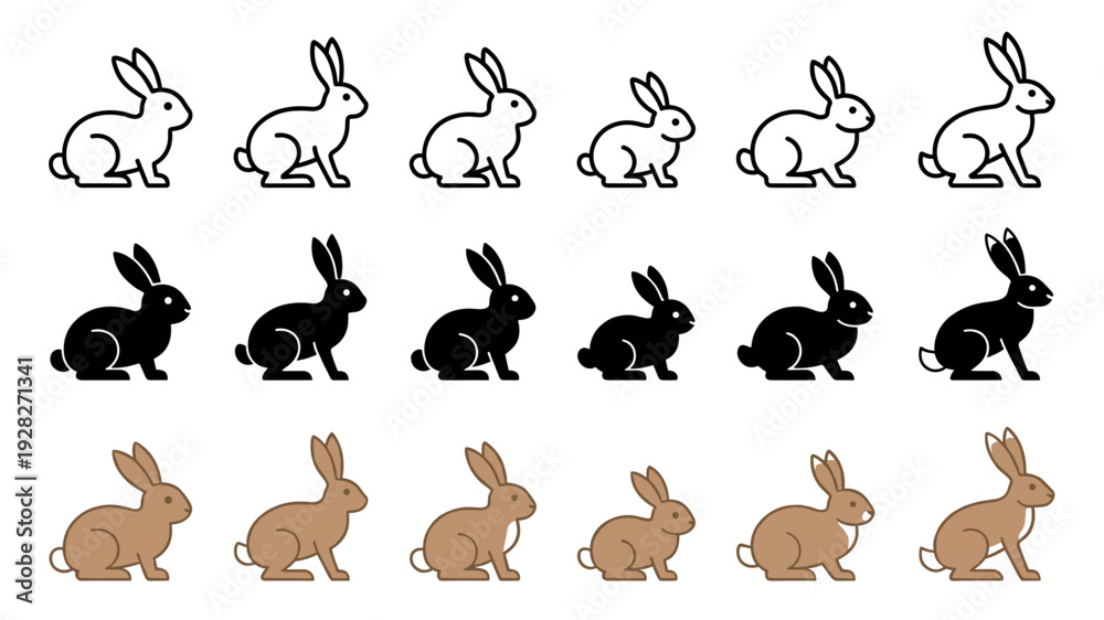 Obraz premium Set of rabbit icons in three different styles, featuring a simple black outline, a solid black silhouette, and a brown color fill for graphic design or web elements