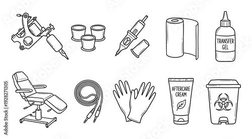 Set of black and white tattoo parlor equipment icons with a machine, ink caps, chair, gloves, and aftercare products in a simple hand-drawn sketch style