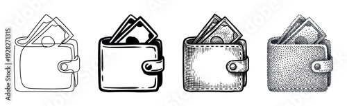Four wallets with money illustrated in different artistic styles including continuous line art, bold ink, classic engraving, and dotwork stippling for a financial concept