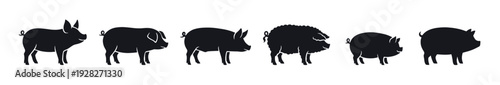 Diverse collection of six pig silhouettes representing different breeds and sizes of farm animals, depicted in a clean black graphic icon style for agricultural design