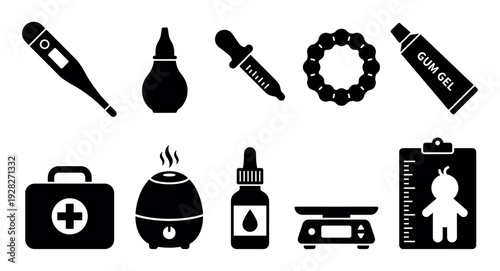Set of black glyph icons for baby healthcare and newborn essentials, including a thermometer, nasal aspirator, teether, first aid kit, and baby scales for medical care