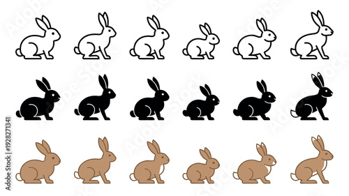 Set of rabbit icons in three different styles, featuring a simple black outline, a solid black silhouette, and a brown color fill for graphic design or web elements