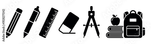 Set of black school supply icons featuring a pencil, pen, ruler, eraser, compass, books, apple, and backpack in a simple flat glyph style for educational concepts