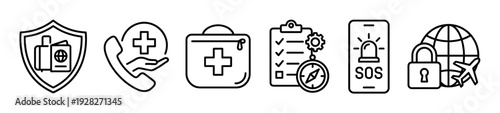 Set of black line icons representing travel insurance, safety, medical assistance, emergency services, and secure international journey concepts for digital design