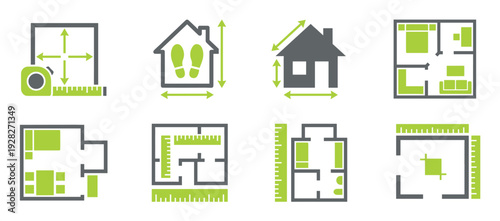 Set of house measurement and floor plan icons illustrating dimensions, layouts, and architectural symbols for real estate and construction in a flat, minimalist graphic style