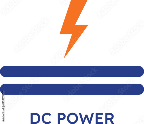 Direct current power symbol featuring an orange lightning bolt over two parallel blue horizontal lines isolated on white background for electrical energy and electronics concepts