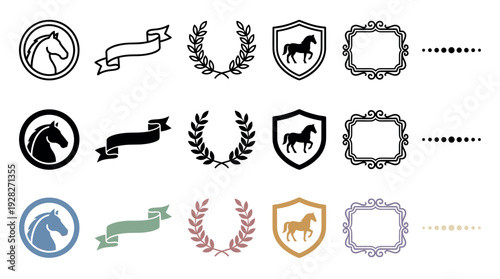 Collection of classic emblem creation kit elements with horse icons, laurel wreaths, shields, banners, and decorative frames presented in outline, silhouette, and color variations