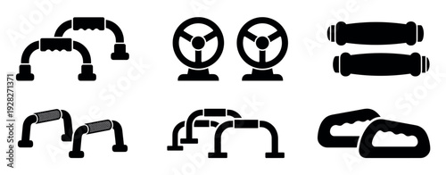 Set of black push-up bar icons for fitness and strength training, showcasing various designs of workout equipment for home gym and calisthenics exercises in a simple silhouette style