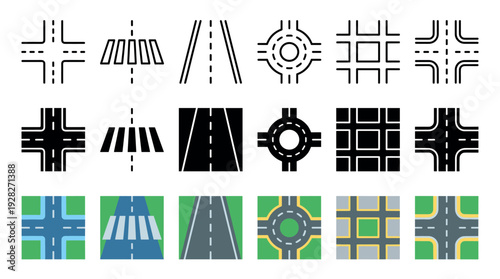 Collection of road map element icons showing intersections, crosswalks, and roundabouts in three different vector styles: outline, solid black, and colorful flat design
