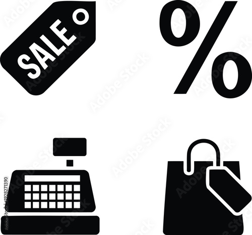 Sales & Discounts Silhouette Symbols, Sale Tag, Percent Symbol, Cash Register, Shopping Bag, perfect for retail promotions, online store illustrations, e-commerce UI