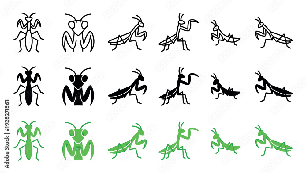 Fototapeta premium Set of praying mantis insect icons in three graphic styles, including black outline, solid silhouette, and green color, illustrating various poses and views of the creature