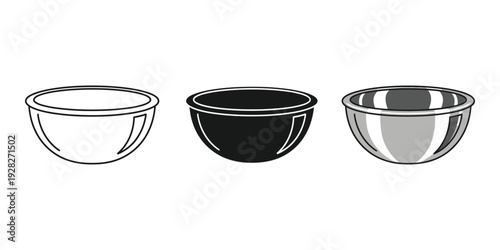 Three bowls in different shades black white and gray illustration kitchen utensils cookware bowls set ceramic metal and line art isolated on white background