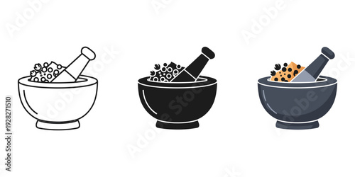 Three mortar and pestle illustrations with different colored designs for pharmacy or cooking concepts on white background