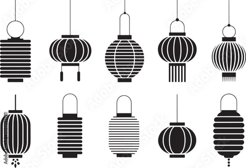 Set of ten black and white hanging lanterns with various patterns and Asian lanterns